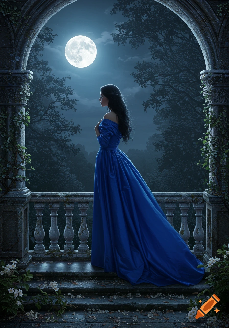 A woman in a blue gown stands on a moonlit gothic balcony at night, looking at a dark forest under a full moon.