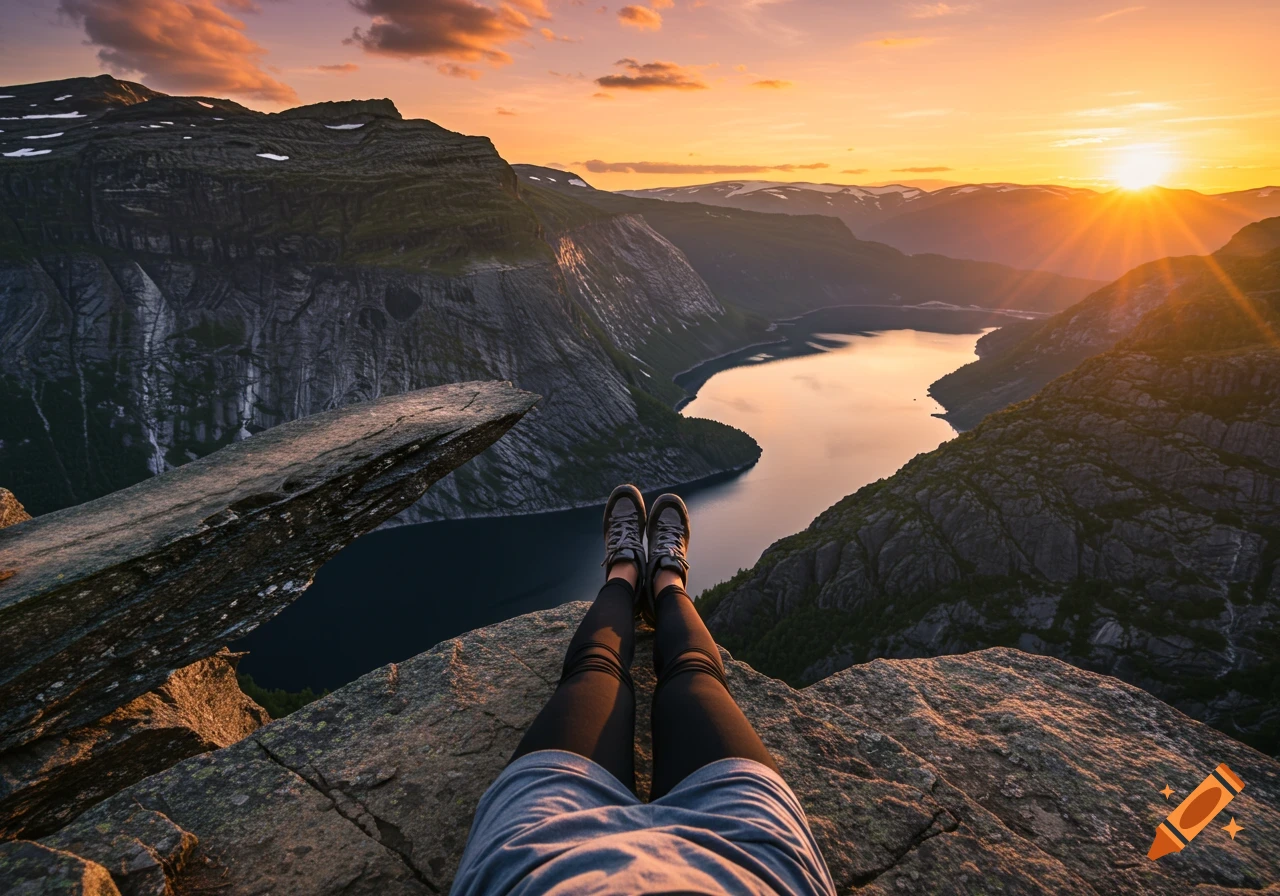 First-person view of legs dangling over a cliff edge, overlooking a serene lake and mountains at sunset.