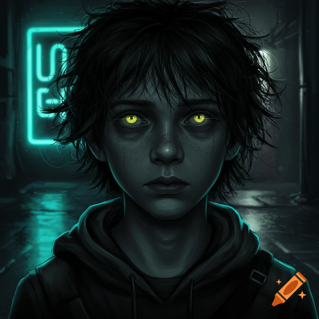 A somber teenager with black messy hair and glowing yellow eyes stares intensely forward, illuminated by a neon sign in a dark, wet urban setting.