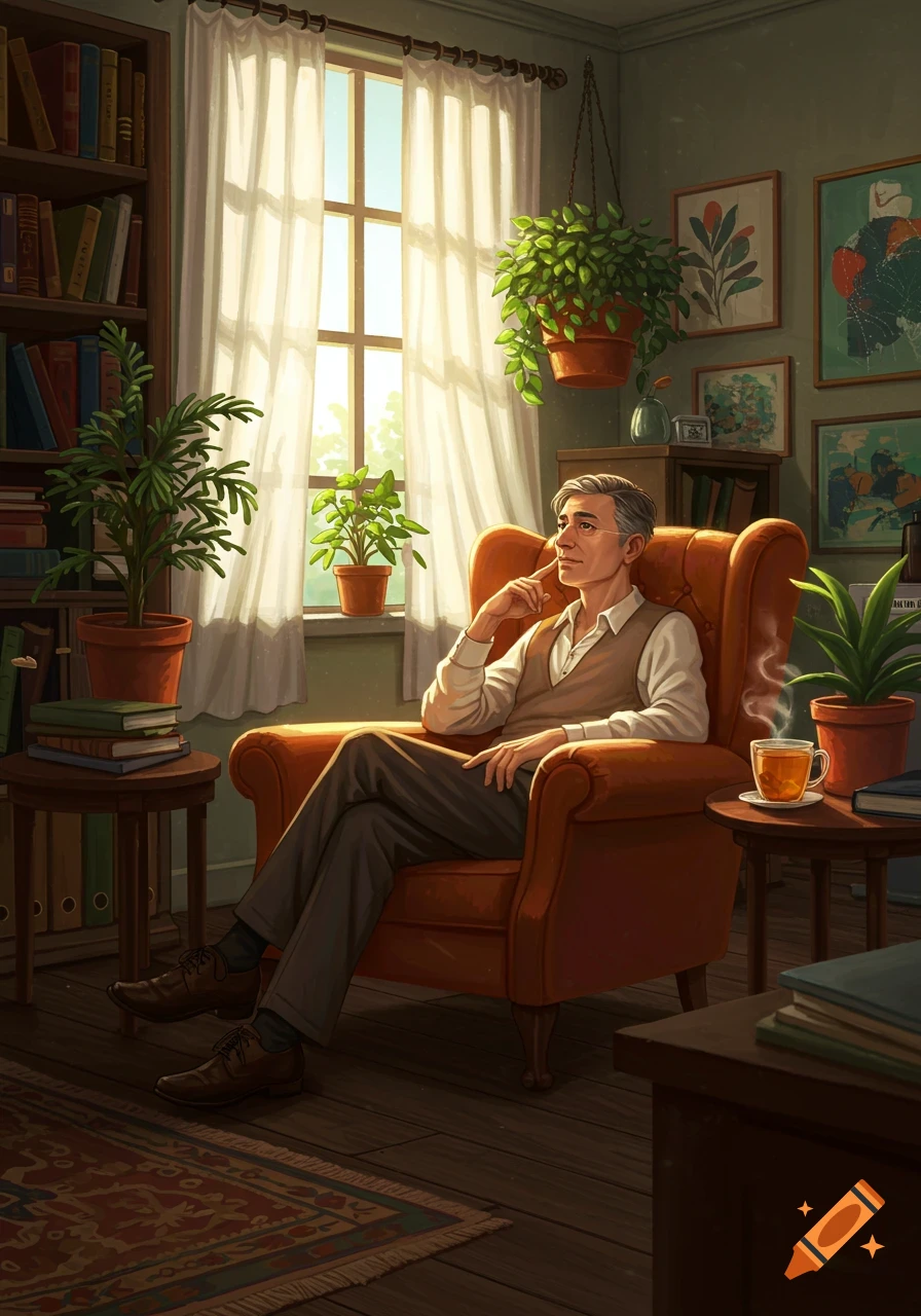 A man with grey hair sits contemplatively in an orange armchair by a sunlit window in a cozy room with plants and bookshelves.