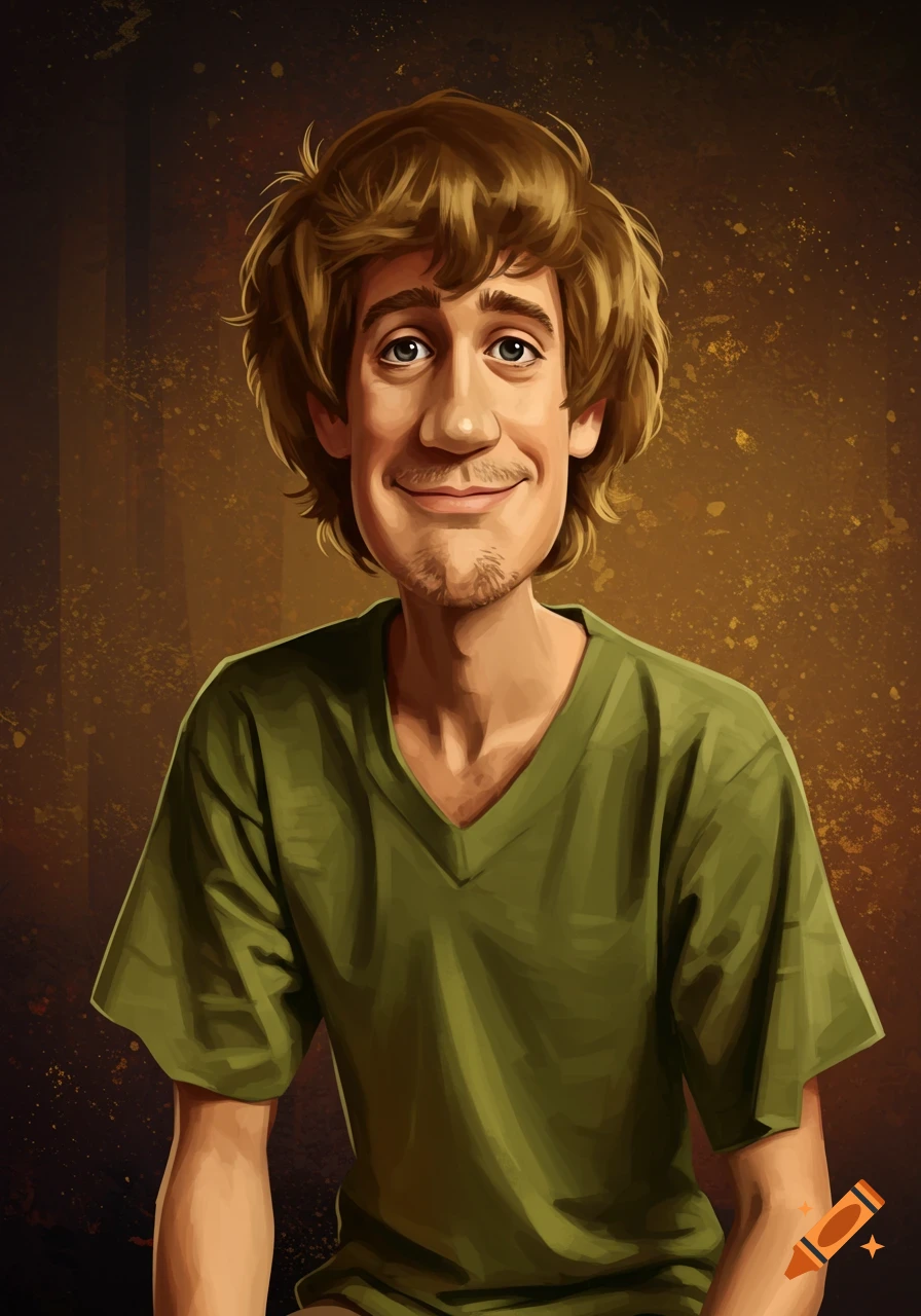 A stylized portrait illustration of Shaggy from Scooby-Doo smiling and looking forward.