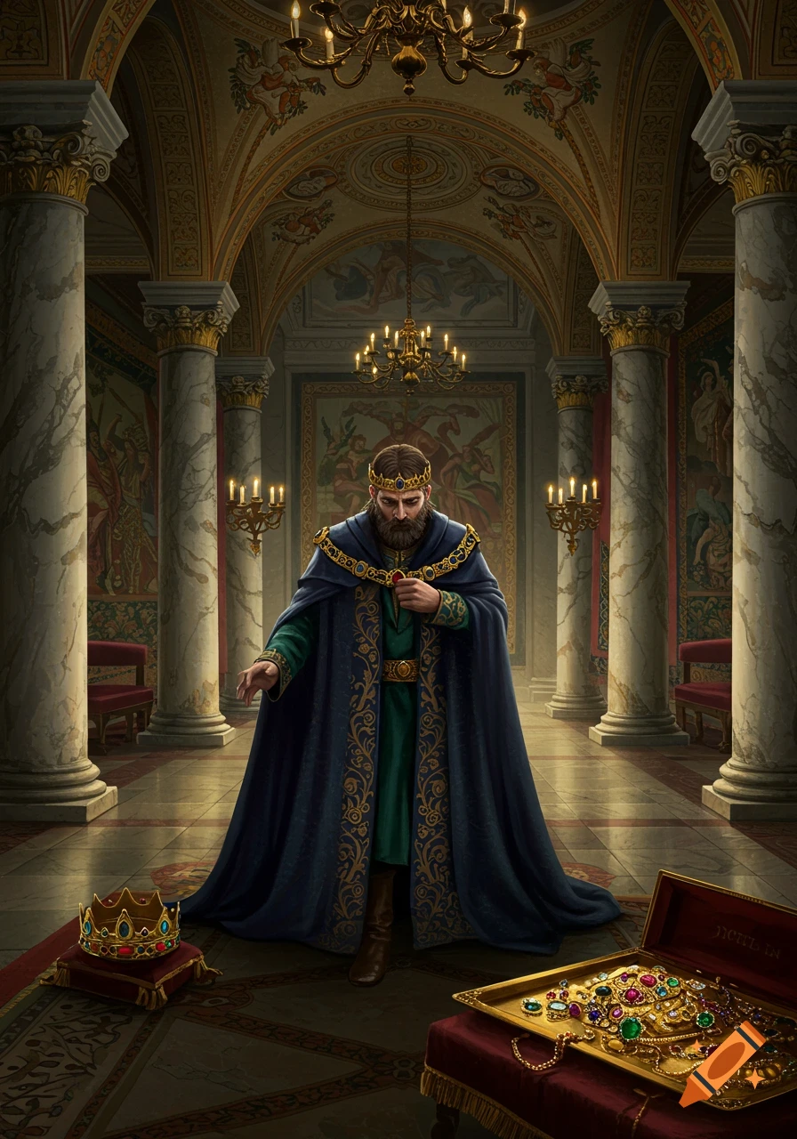A bearded king in a blue robe stands in a grand palace hall with a crown on a cushion and a chest of jewels nearby.