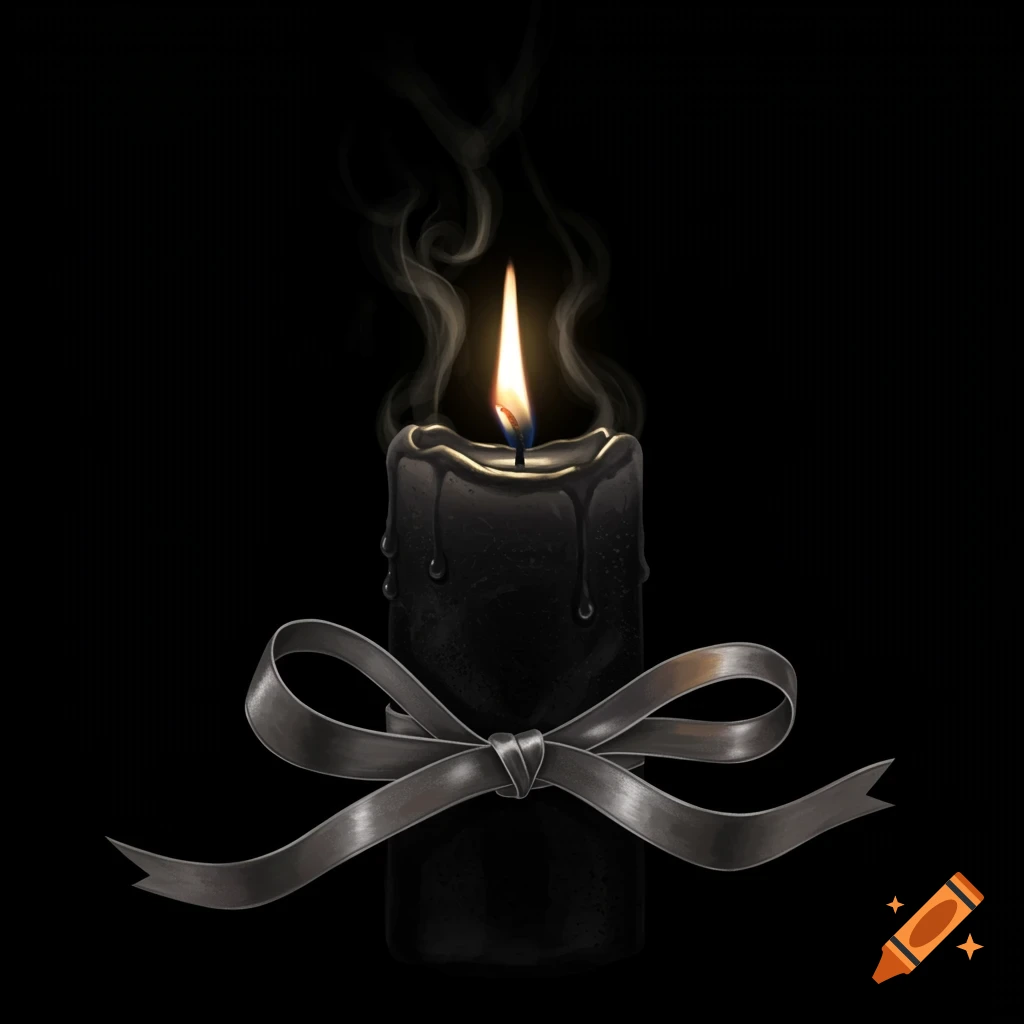 A thick black candle with wax drips, tied with a grey ribbon, burns with a bright flame and wisps of smoke against a dark background.