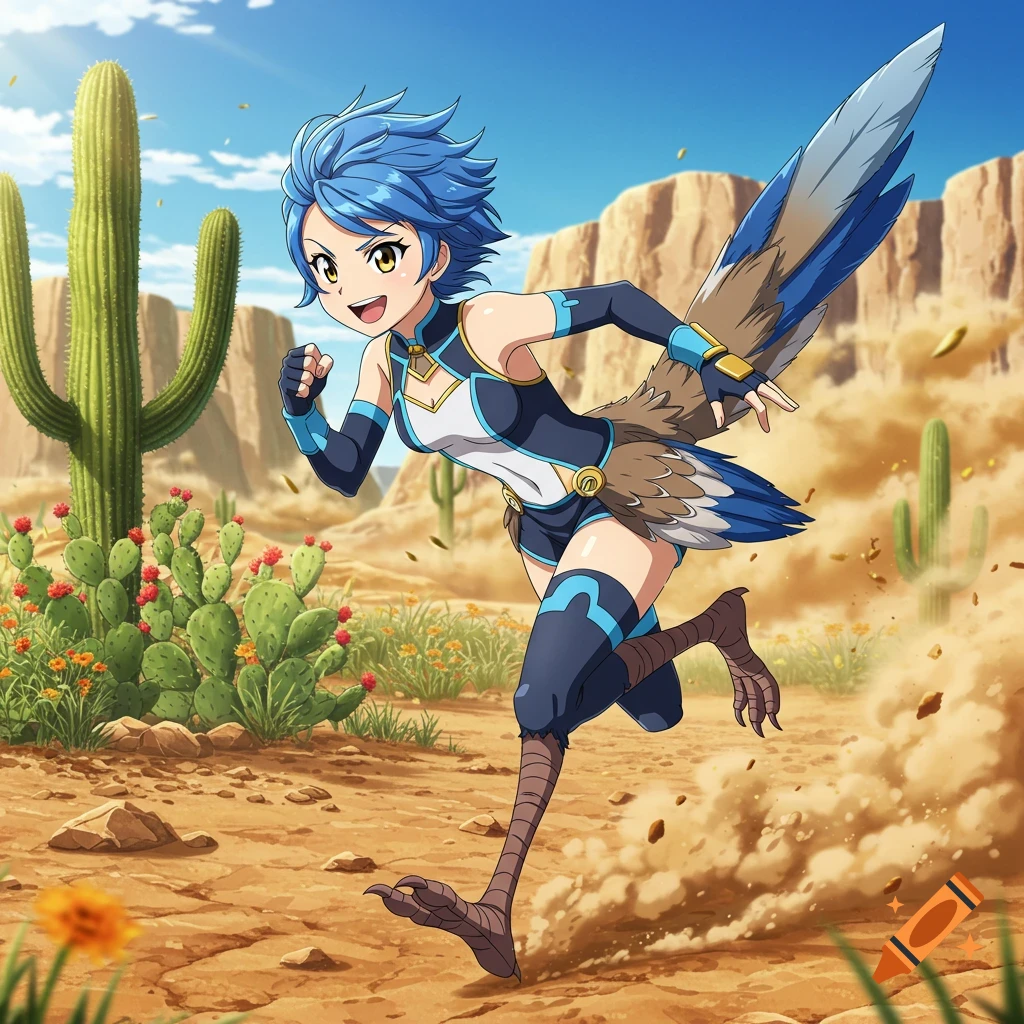An anime girl with blue hair and roadrunner-like legs and tail runs through a desert with cacti.