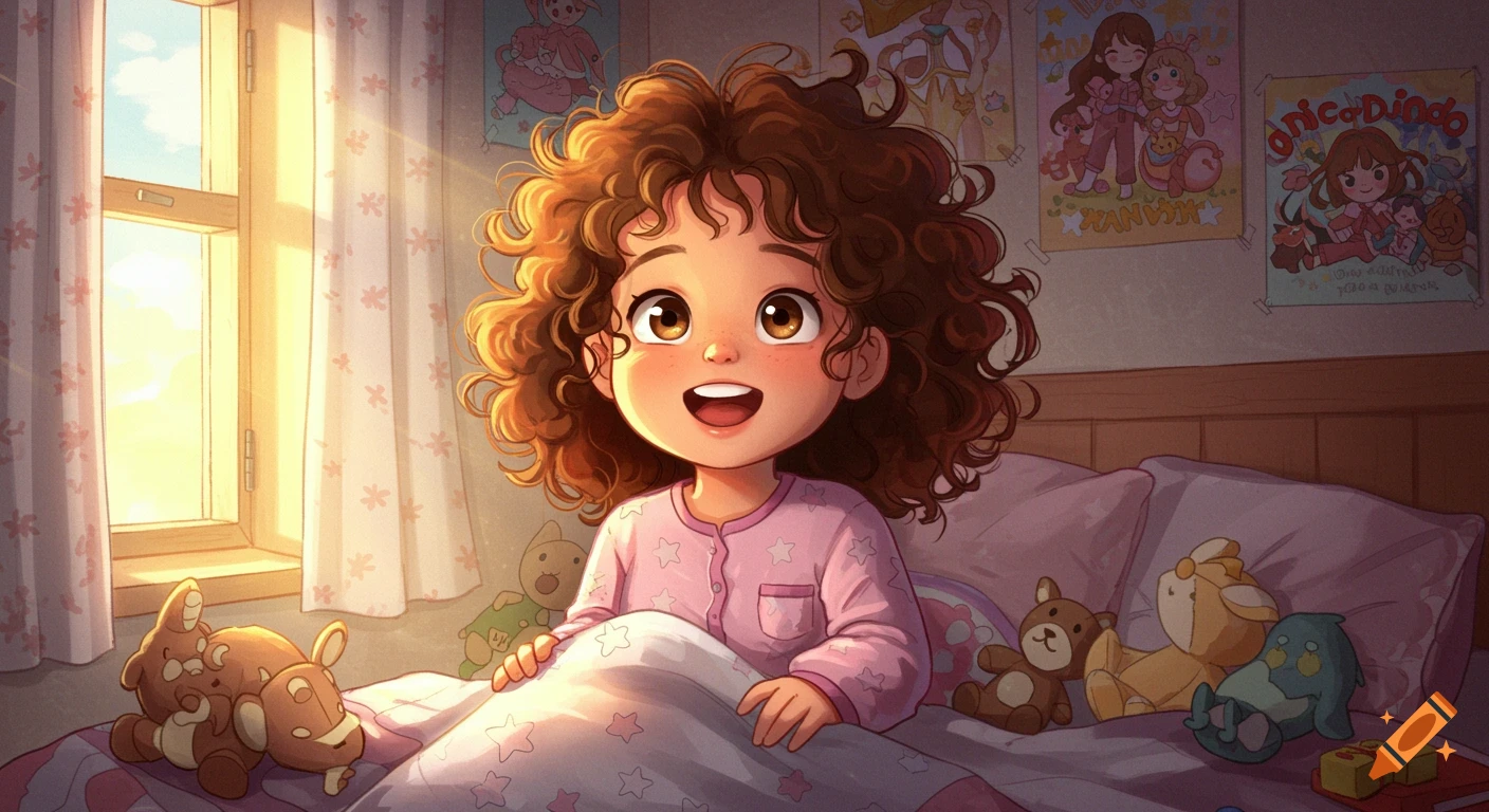 A cheerful, curly-haired girl with bright eyes wakes up in a cozy, sunlit bedroom, surrounded by toys and posters.