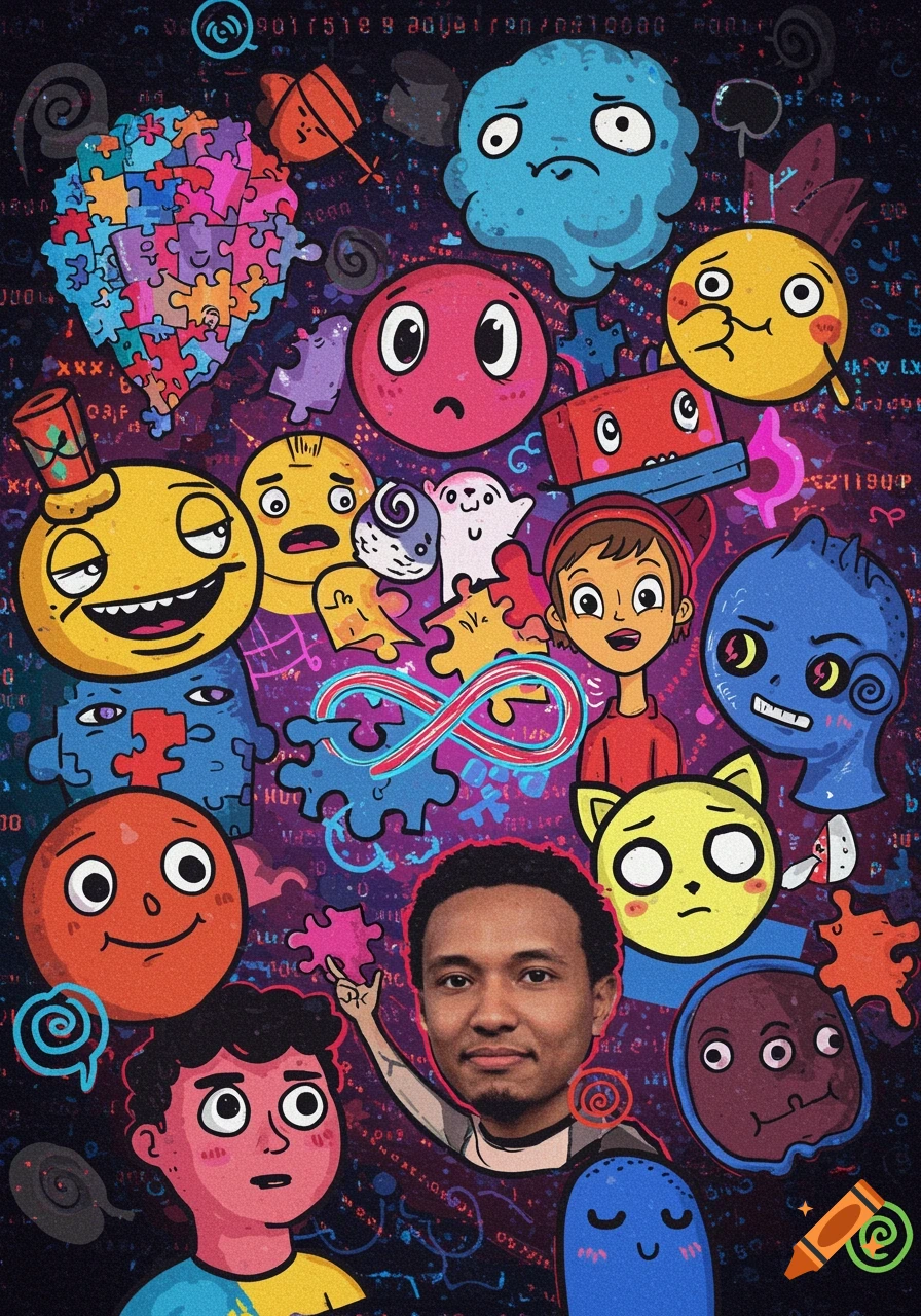 A colorful, surreal cartoon collage featuring various expressive characters, puzzle pieces, and an infinity symbol, with a realistic man's face integrated.
