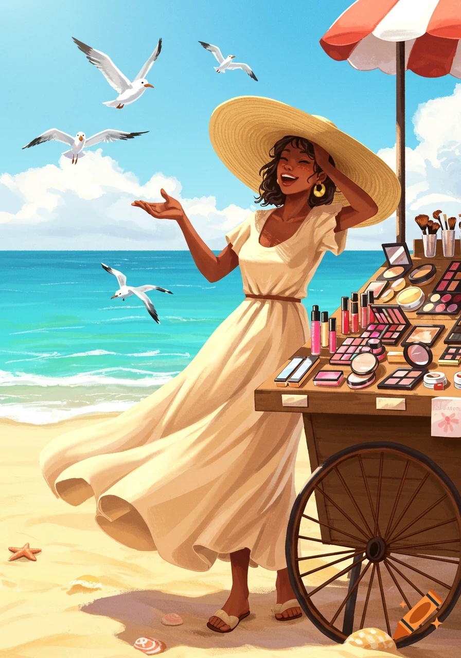 Illustration of a smiling woman in a straw hat and dress selling cosmetics from a cart on a sunny beach with seagulls flying.