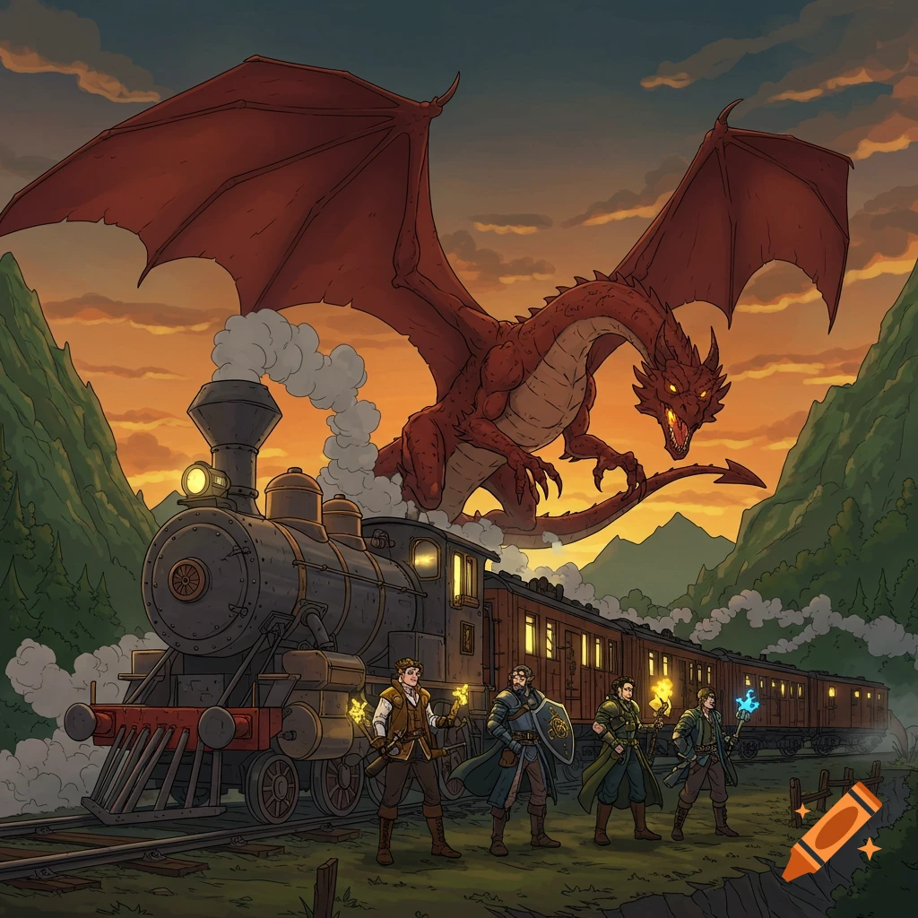 A red dragon flies above a steampunk train with four adventurers on the tracks in a mountainous sunset landscape, illustrated.