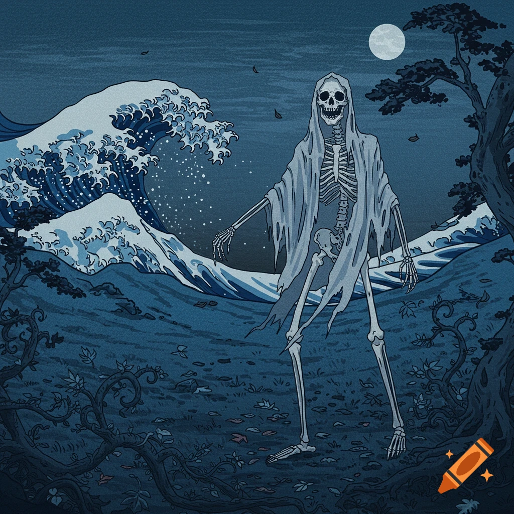 A skeleton in a tattered robe stands before a large Hokusai-style wave under a full moon, in a dark blue, stylized landscape.
