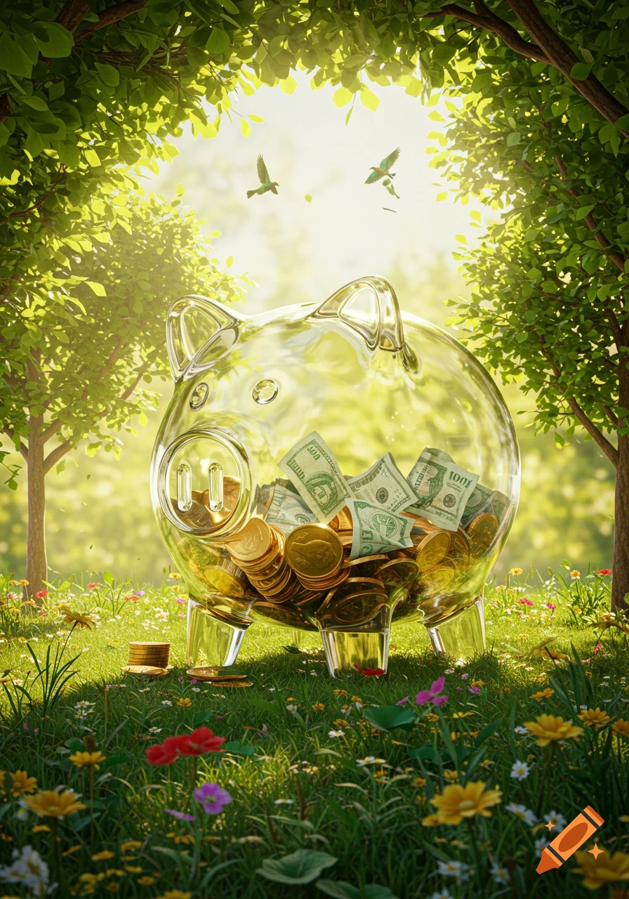 A clear glass piggy bank filled with gold coins and dollar bills sits in a lush, sunlit green forest with wildflowers.