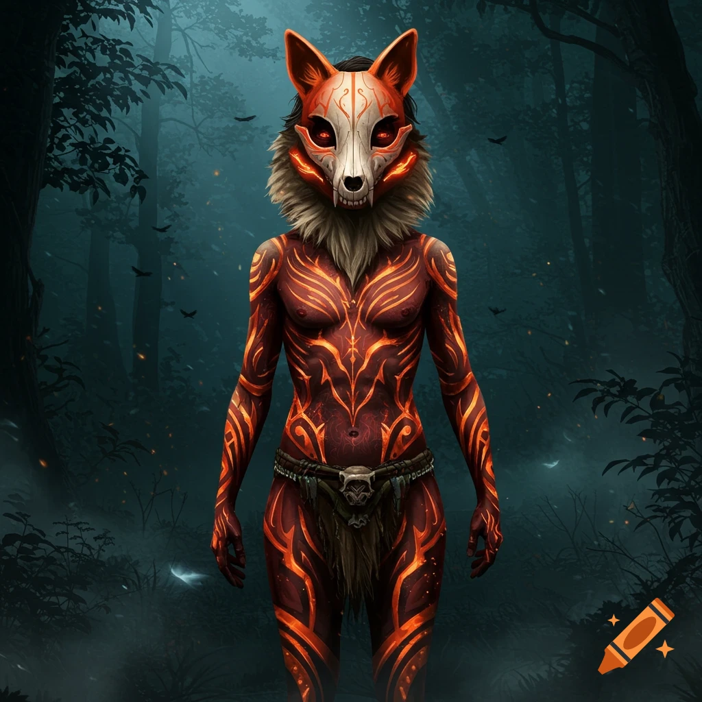 A humanoid figure with glowing orange tribal body art and a white fox skull mask with glowing red eyes stands in a dark, misty forest.