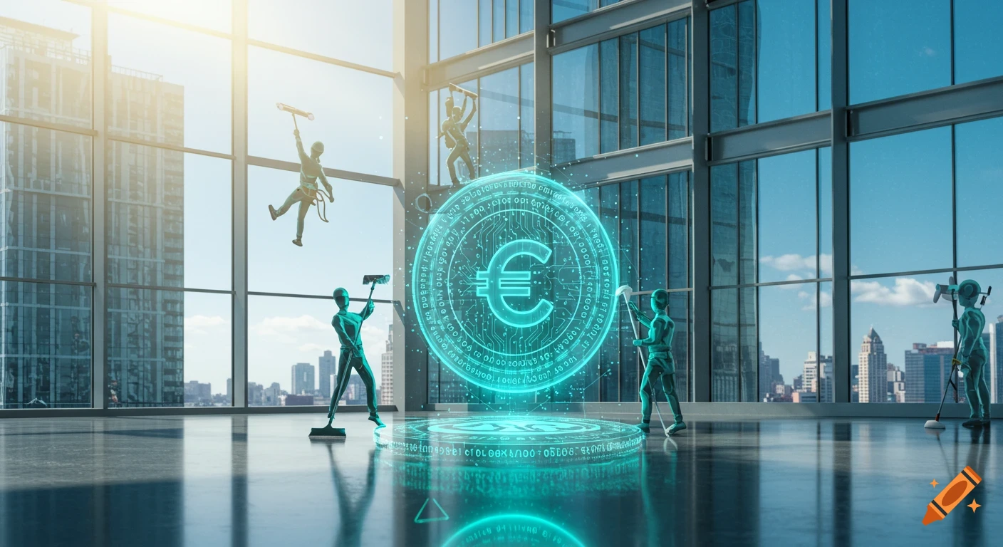 Stylized figures clean windows in a modern skyscraper, surrounding a large glowing blue holographic Euro symbol with digital code.