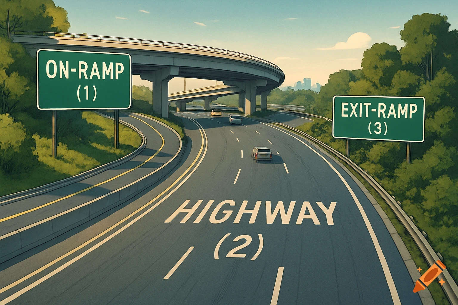 A stylized illustration of a highway with an on-ramp and exit-ramp. Text labels 'ON-RAMP (1)', 'HIGHWAY (2)', 'EXIT-RAMP (3)' are visible.