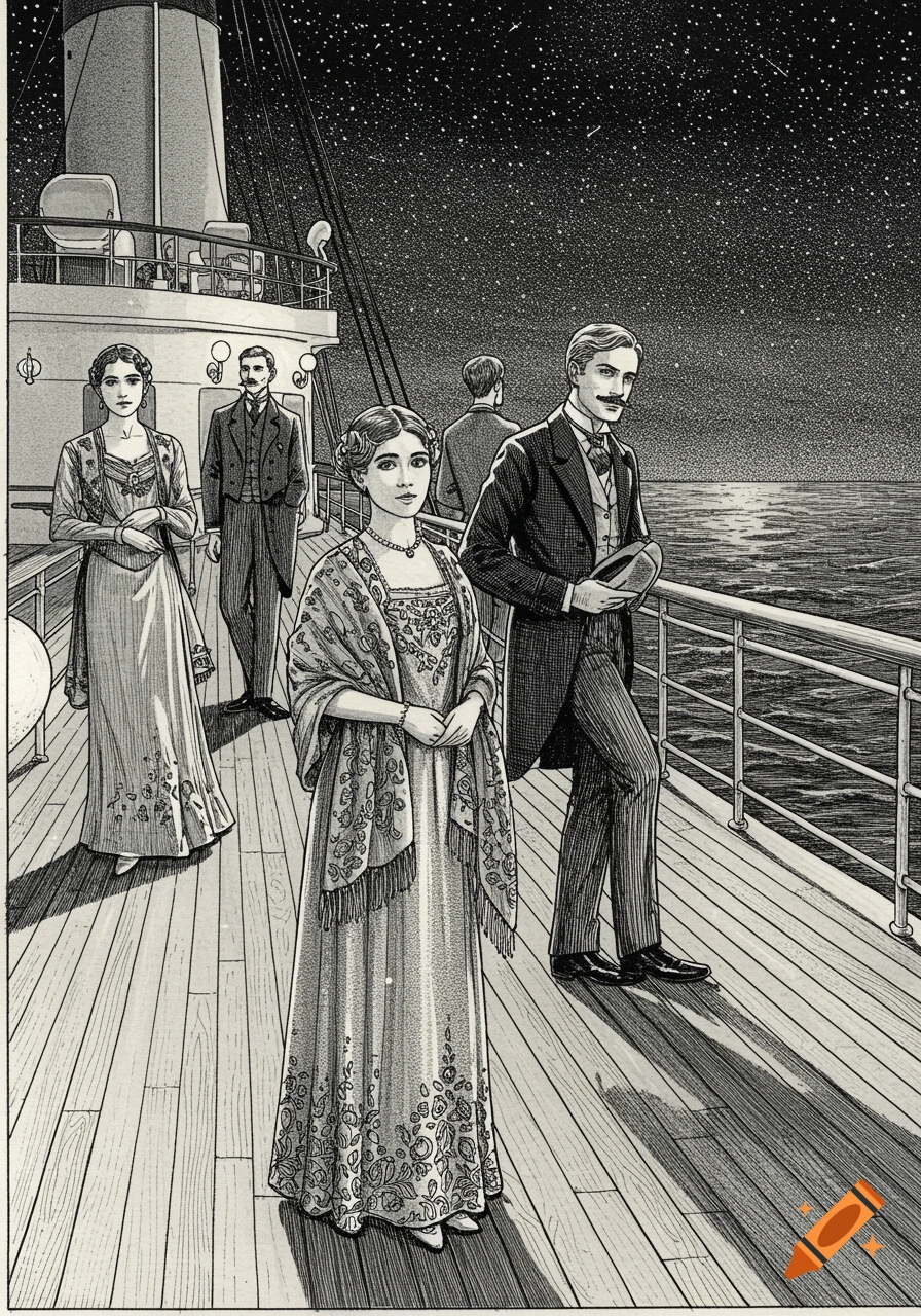 A detailed black and white Victorian-style line drawing shows four elegantly dressed people on the deck of a ship at night under a starry sky.