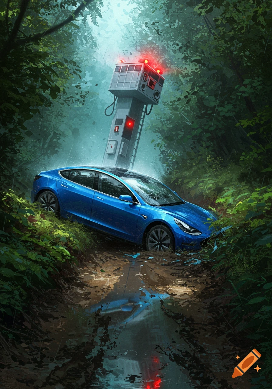 A blue Tesla sedan crashed into a tall, gray emergency call tower in a muddy forest ditch, depicted in an illustrative style.