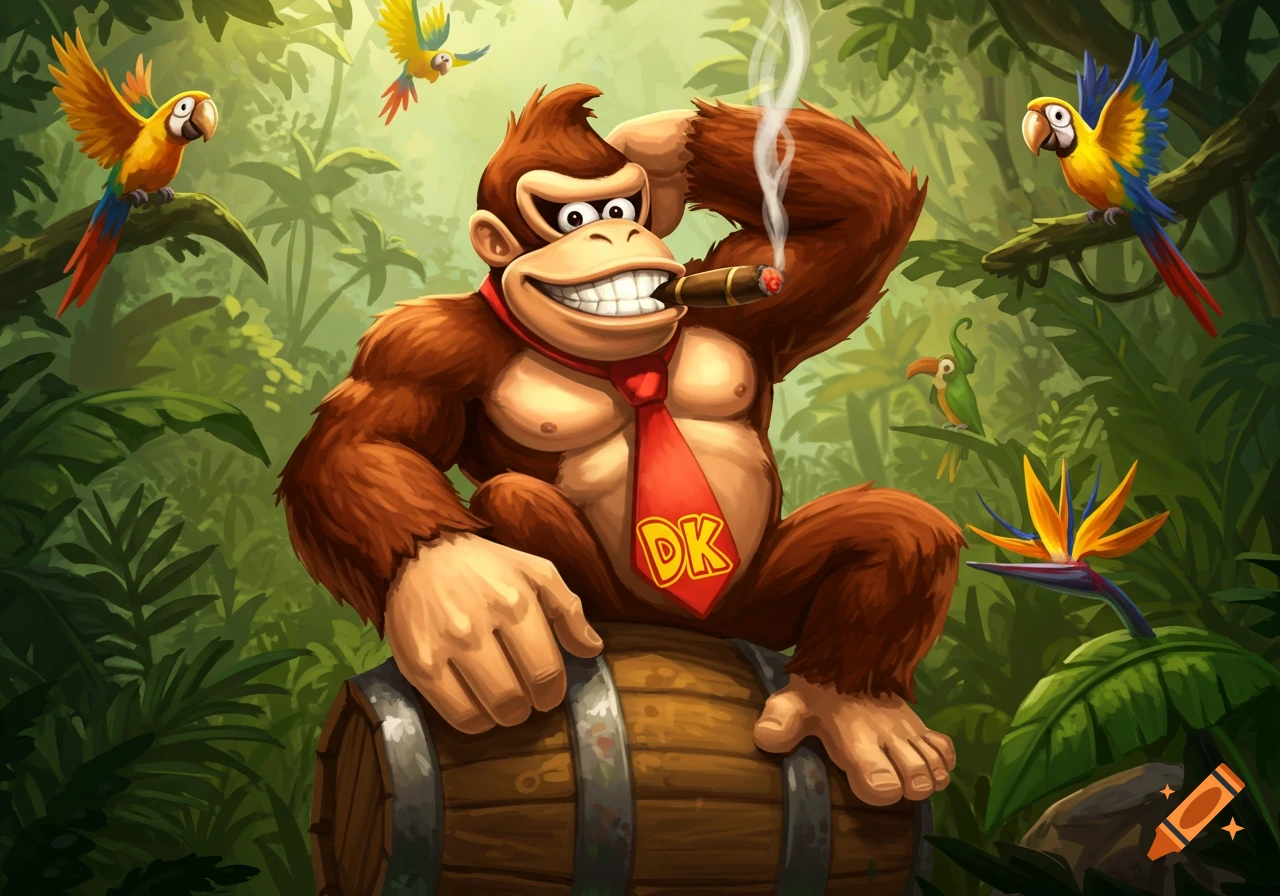Cartoon Donkey Kong smoking a cigar while sitting on a barrel in a vibrant jungle with parrots.