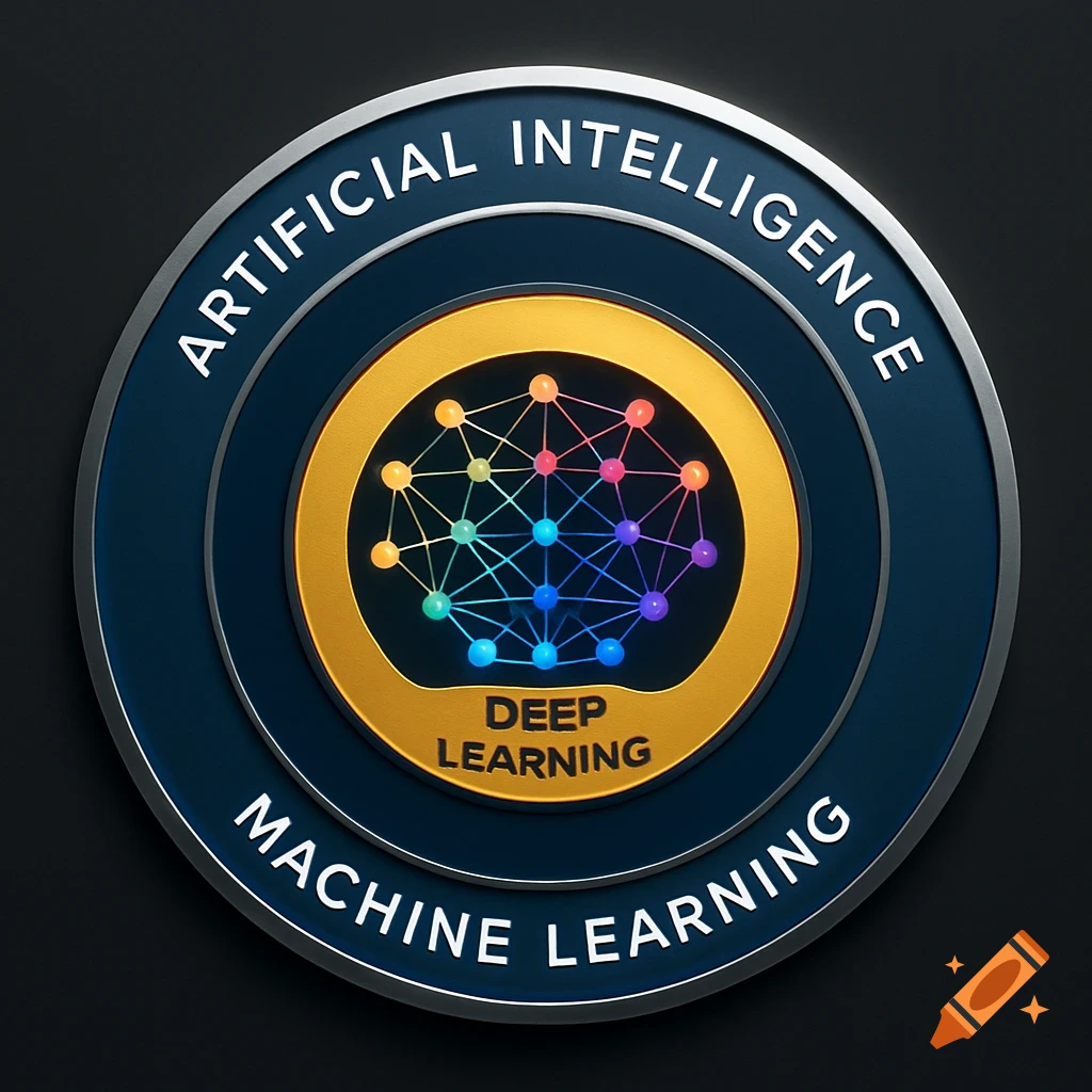 A circular metallic emblem for Artificial Intelligence, Machine Learning, and Deep Learning, featuring a colorful neural network icon.