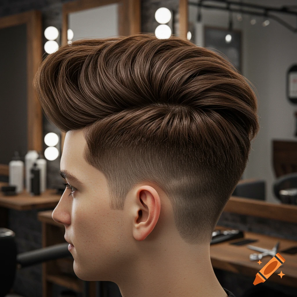 Profile view of a young man with a brown quiff undercut hairstyle in a barbershop.