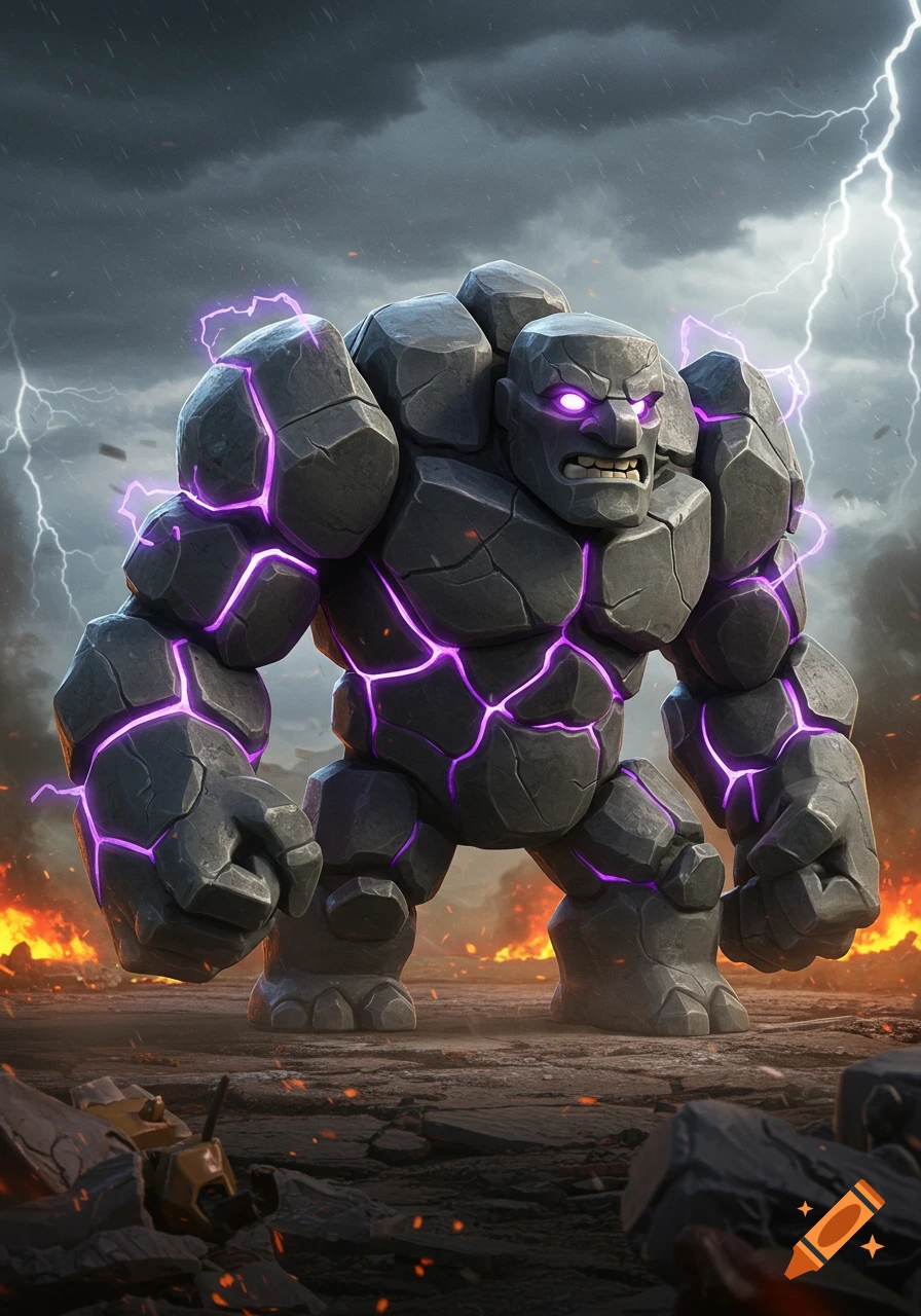 A powerful rock golem with glowing purple cracks and glowing eyes stands menacingly amidst lightning and fire, in a game art style.