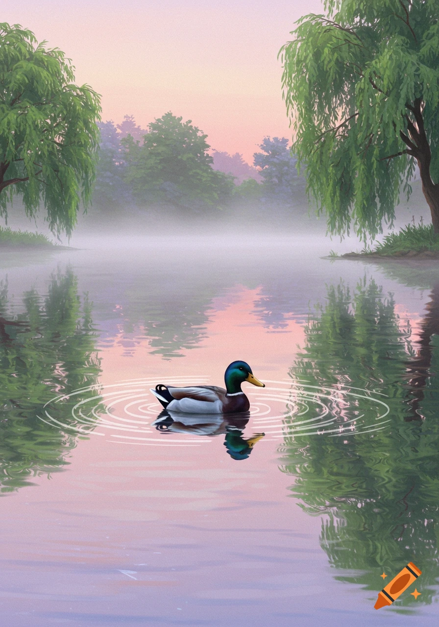 A mallard duck swims in a misty pond at sunrise, reflecting weeping willow trees and a pink sky.