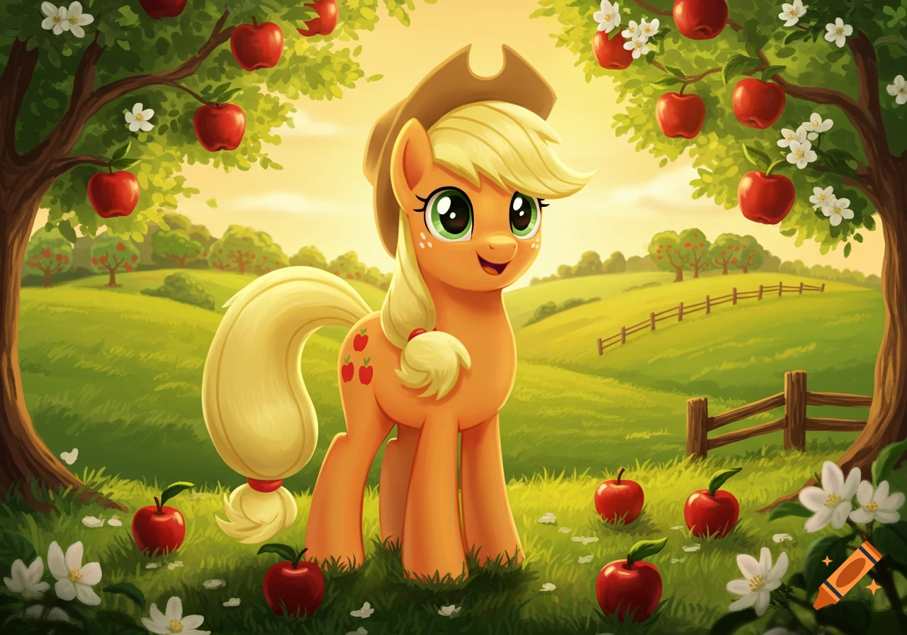 A cartoon pony, Applejack, stands in a vibrant, sunny apple orchard with red apples on trees and scattered on the grass.