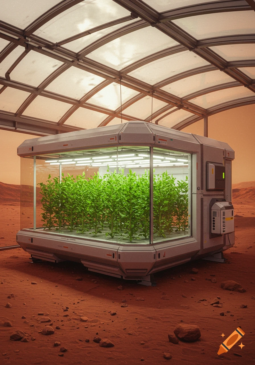 A futuristic greenhouse module with glowing green plants inside, situated on a barren red Martian landscape under a large transparent roof.