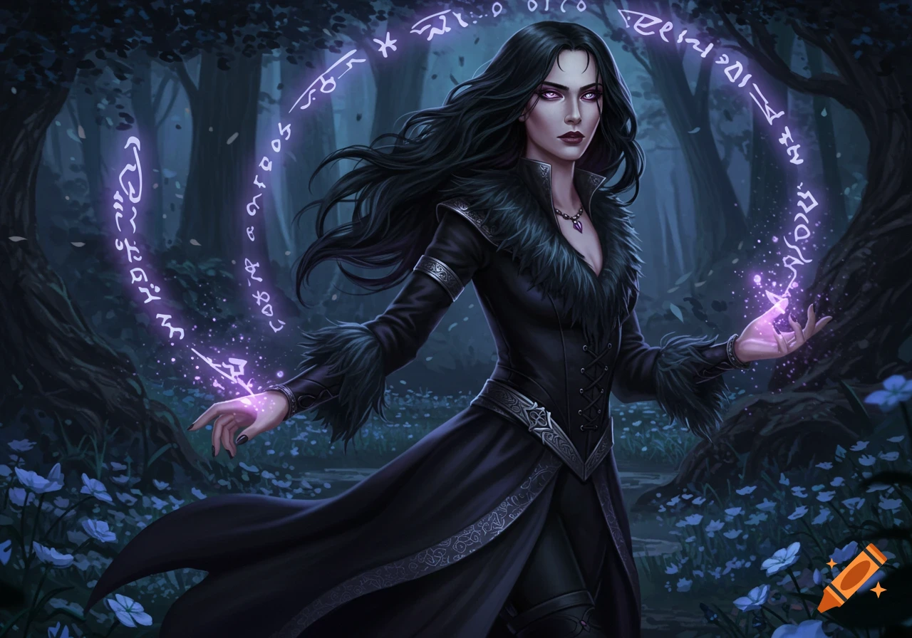 A dark-haired sorceress in black, with glowing purple eyes, casts a spell amidst a mystical forest with floating runes and luminescent flowers.