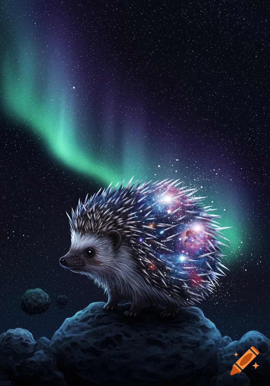 A cosmic hedgehog with a galaxy pattern on its quills stands on a rocky planet under a starry night sky with an aurora borealis.