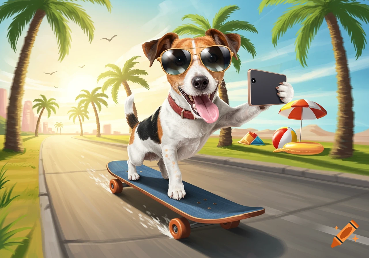 A cool Jack Russell terrier wearing sunglasses rides a skateboard down a sunny road lined with palm trees, taking a selfie with a smartphone.