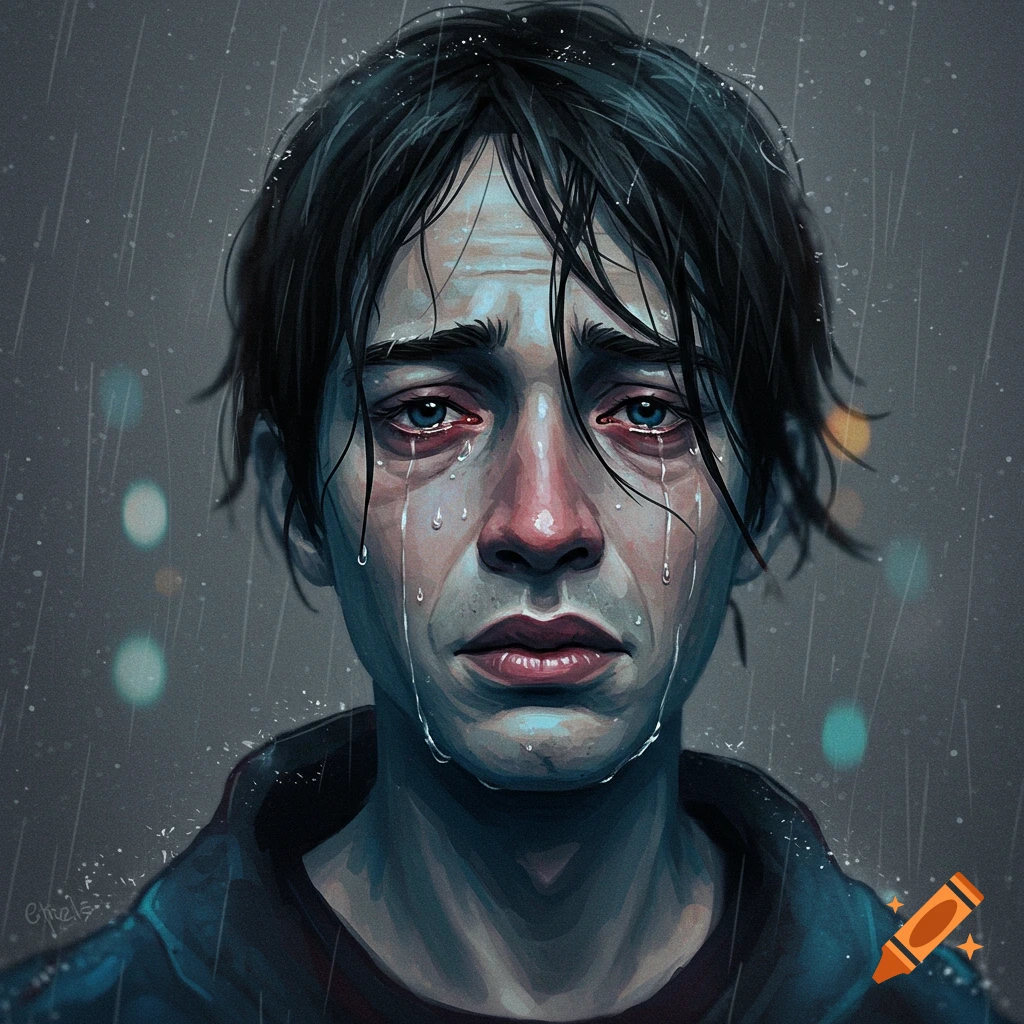 A close-up digital illustration of a person with wet, dark hair crying in the rain, with tears and raindrops streaming down their face.