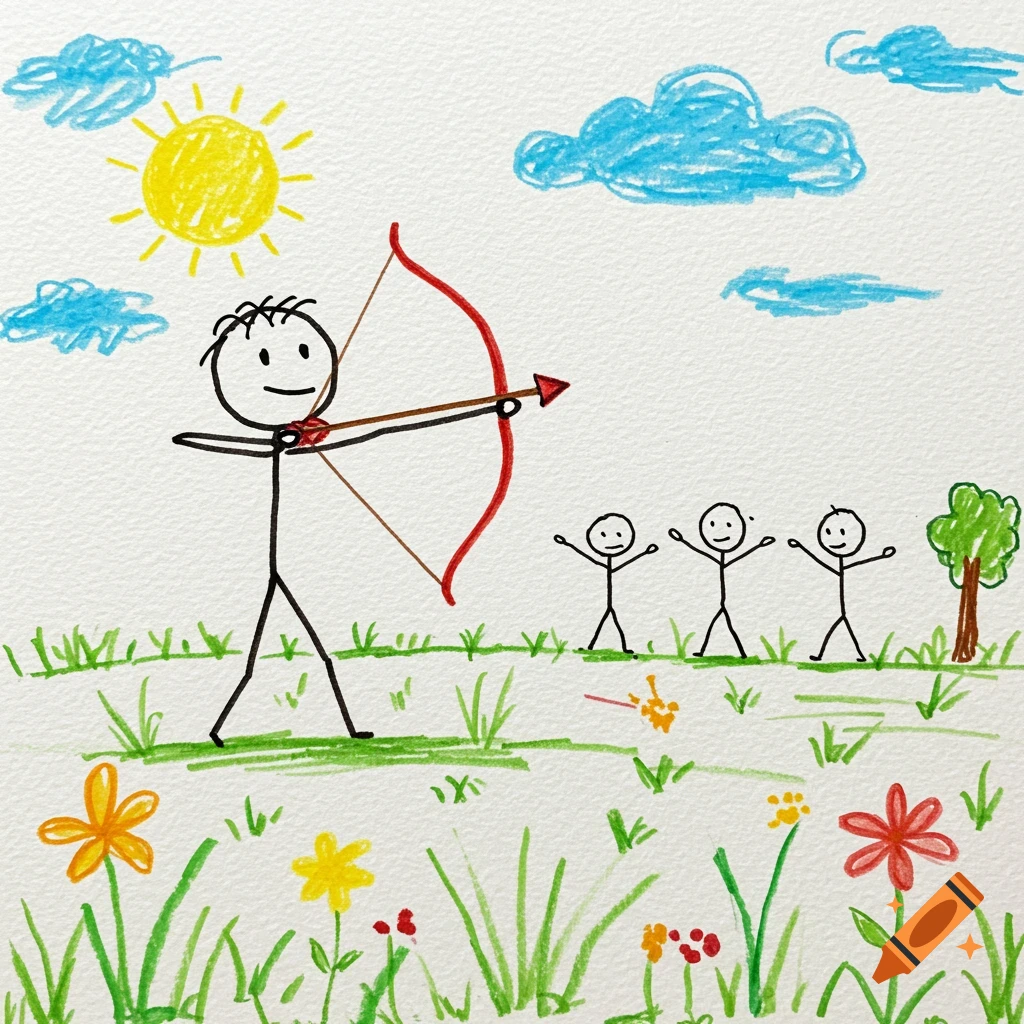 A child's crayon drawing of a stick figure with a bow aiming at three other stick figures in a field.