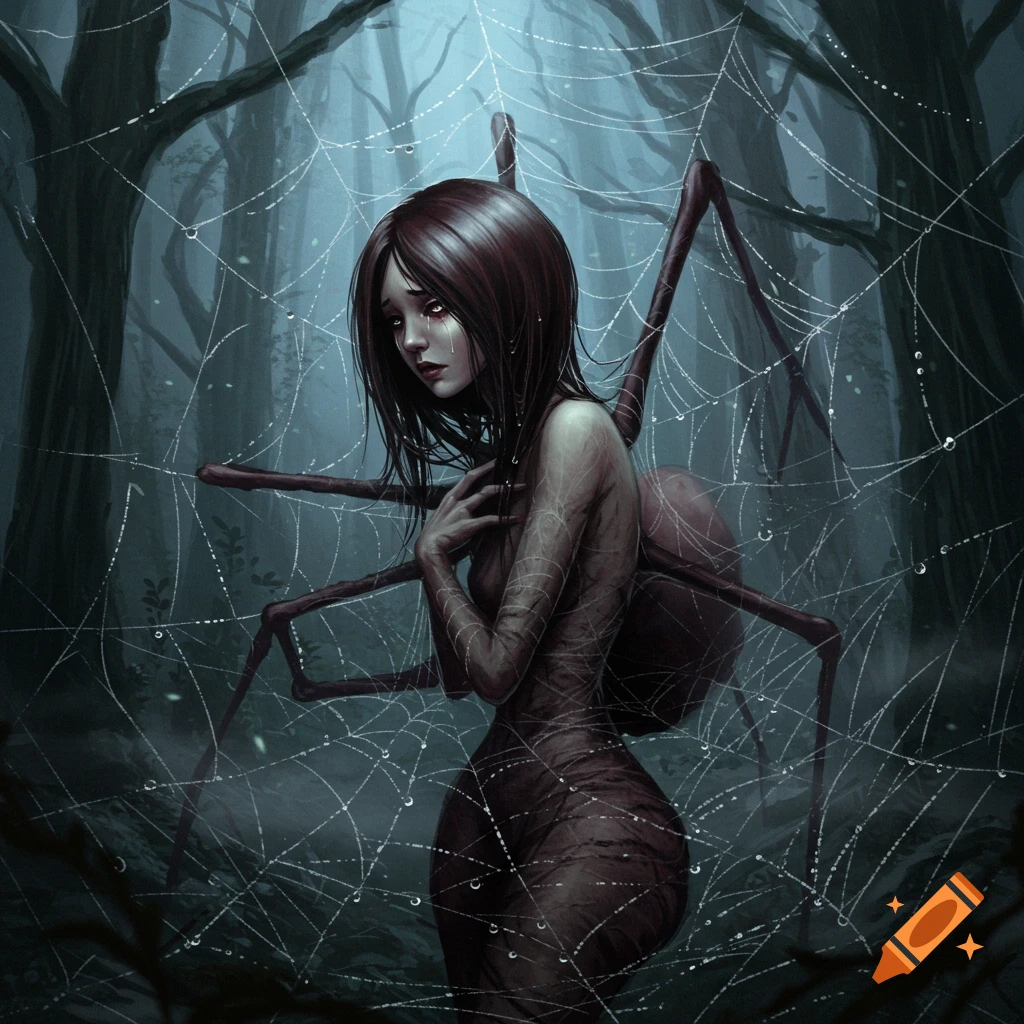 A melancholic spider lady with long dark hair cries, standing in a misty dark forest with spiderwebs and water droplets, digital painting.
