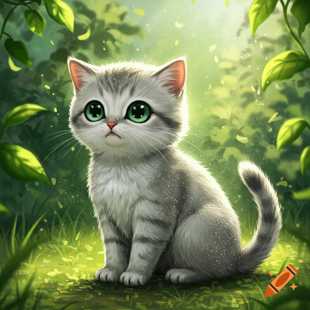 A fluffy grey tabby kitten with large green eyes sits in a sunlit forest.