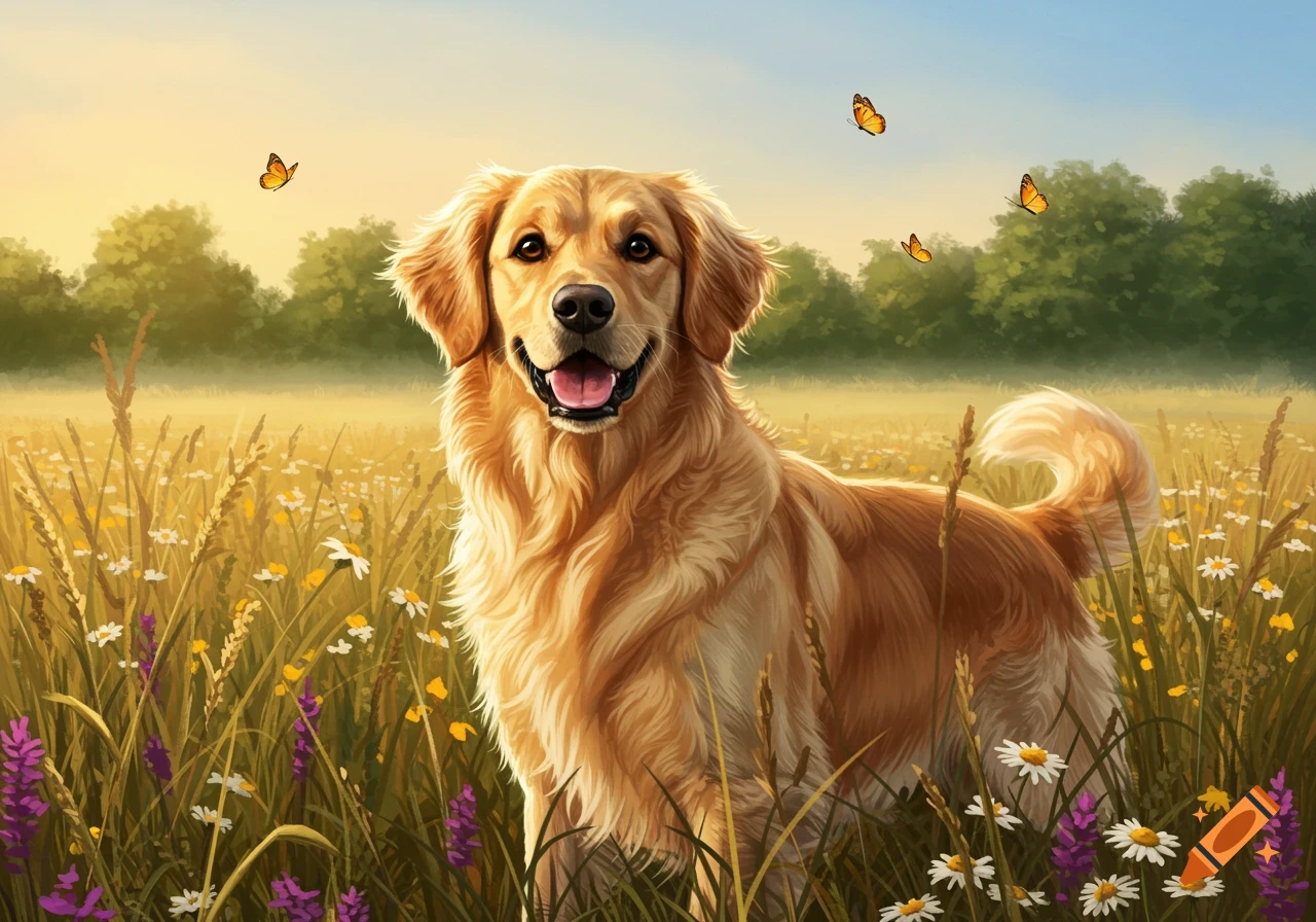 A happy golden retriever stands in a sunny field filled with wildflowers and butterflies.