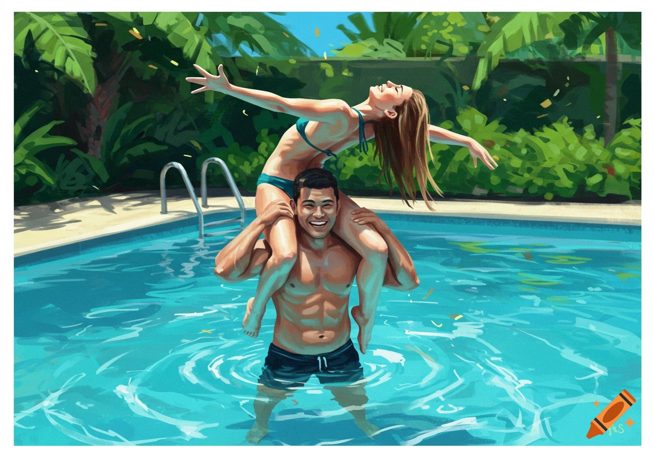 Illustration of a woman in a teal bikini on a man's shoulders in a swimming pool, surrounded by palm trees.