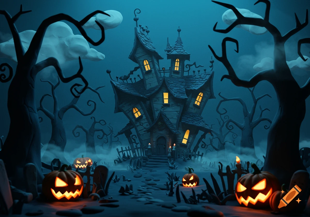 A spooky claymation haunted house with glowing jack-o'-lanterns and twisted trees under a dark sky.