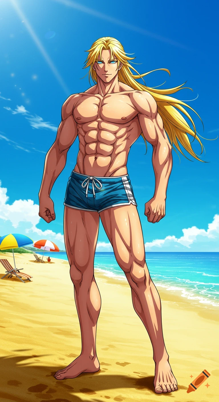 Anime style tall, muscular man with long blond hair and blue eyes, wearing blue swim trunks, posing on a sunny beach with beach chairs and umbrellas in the background.