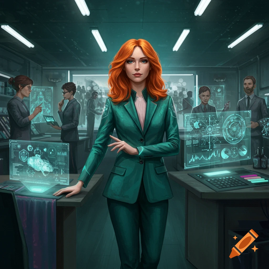 A red-haired woman in a teal suit stands in a futuristic lab with holographic displays showing data. Other scientists work in the background.