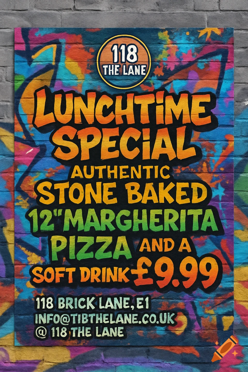A colorful graffiti-style poster on a brick wall advertises a pizzeria's lunchtime special, featuring a 12" Margherita pizza and a soft drink for " £9.99."