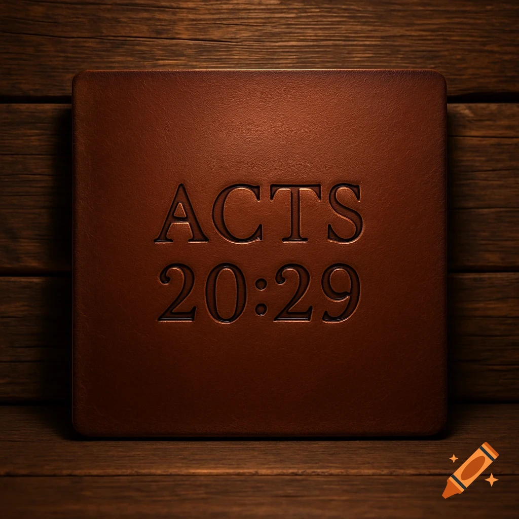 A flat, square piece of brown leather with 'ACTS 20:29' carved into its surface, resting on a wooden background.