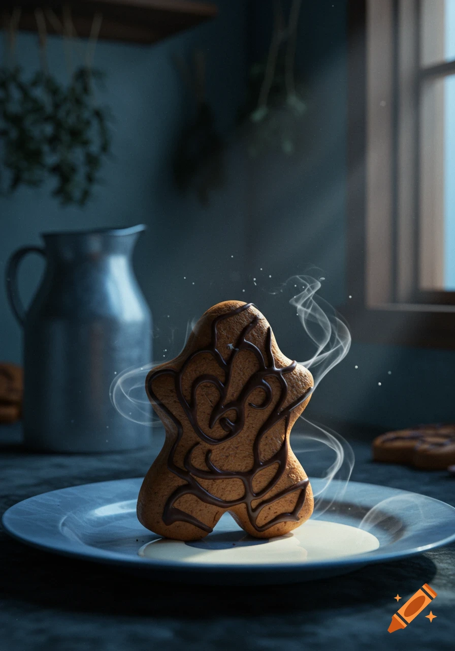 Photorealistic image of a steaming gingerbread cookie with chocolate drizzle on a plate with milk, in a dark kitchen setting.