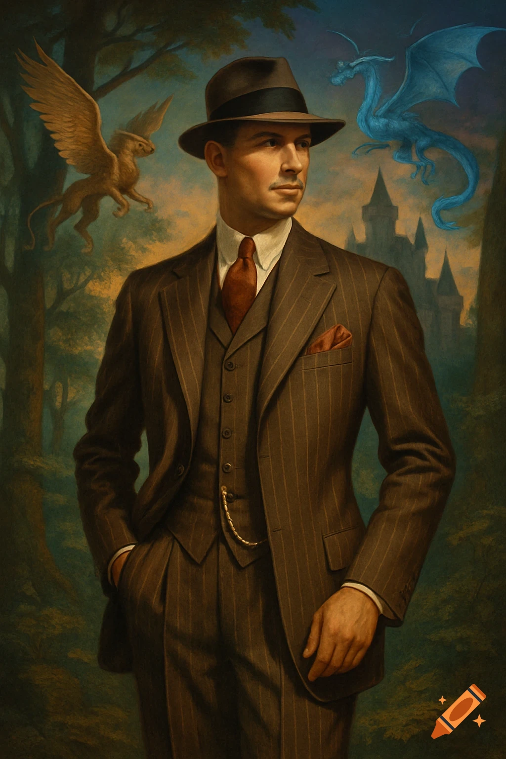 Painting of a man in a 1930s pinstripe suit and fedora, with a griffon, dragon, and castle in a fantasy forest.