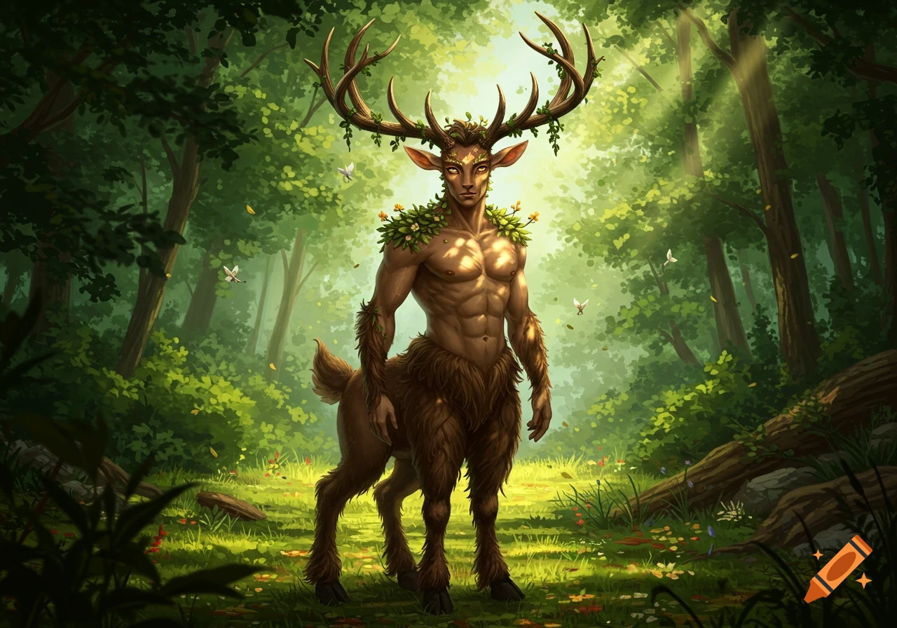 A muscular male faun with large antlers covered in leaves and flowers stands in a lush, sun-dappled forest in a vibrant, illustrative style.