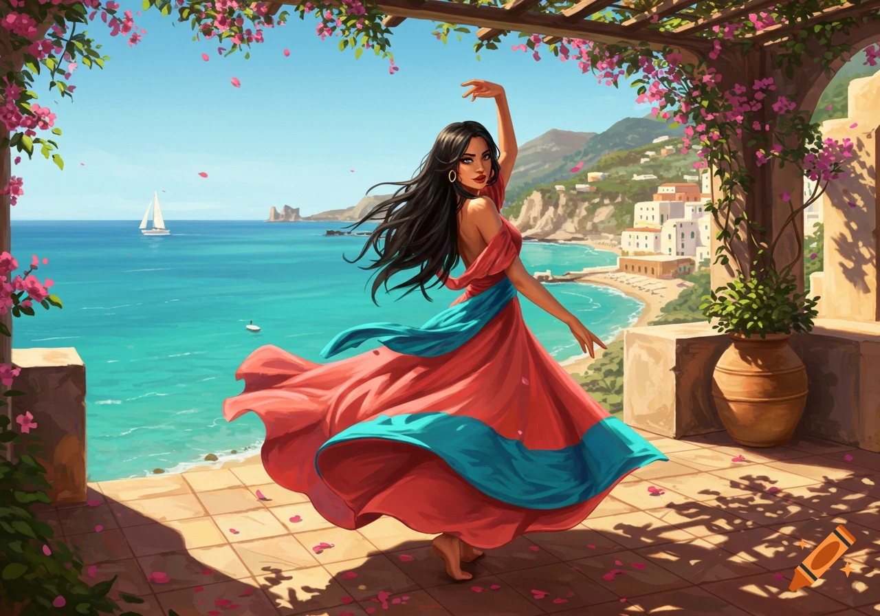 A vibrant illustration of a Mediterranean woman dancing on a balcony overlooking the sea and a coastal town.