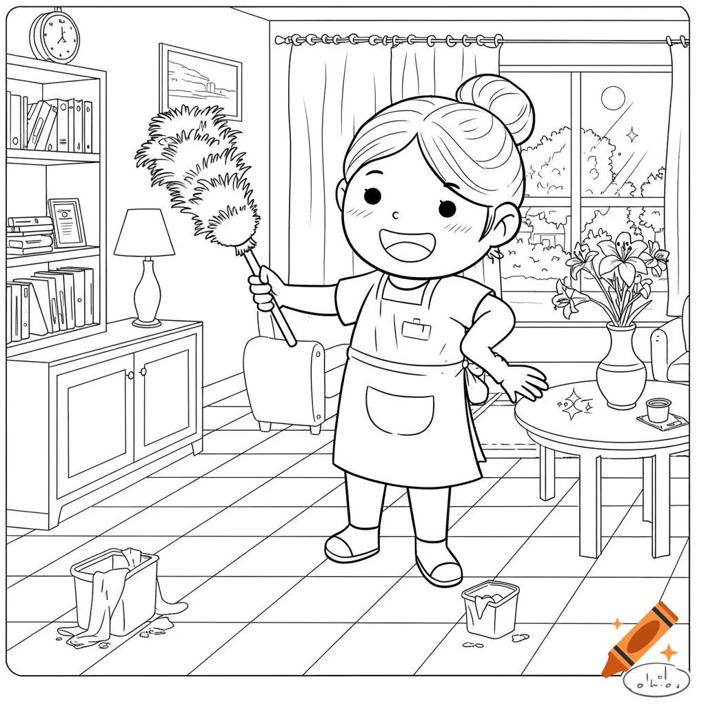 A black and white cartoon drawing of a woman in an apron holding a duster, cleaning a living room.