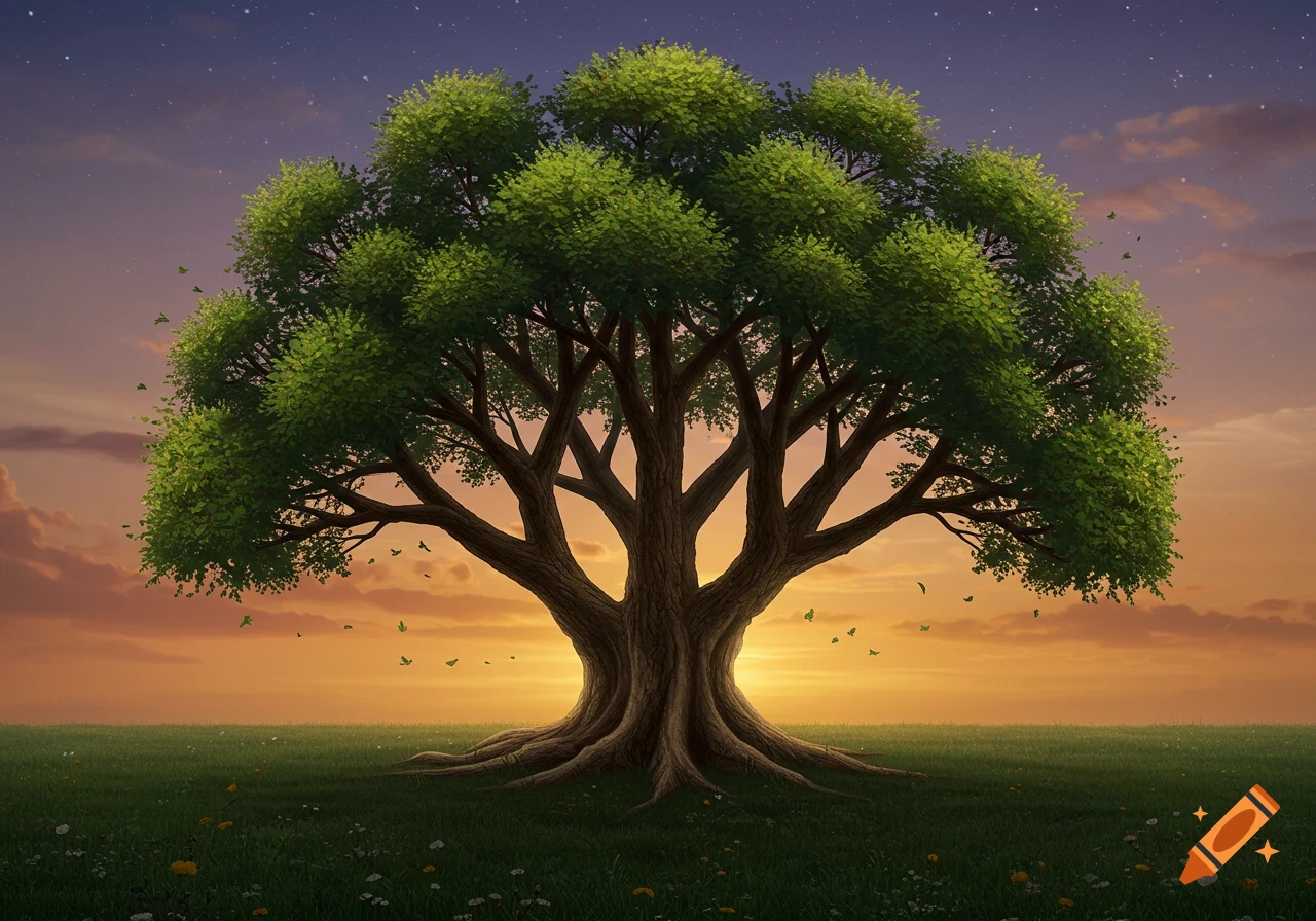 A large, lush green tree stands centered in a grassy field at sunset, with stars visible in the twilight sky.
