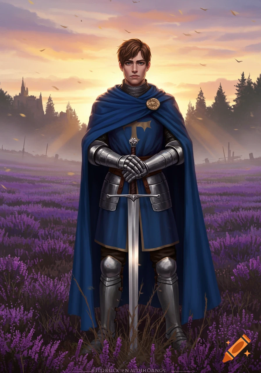 Young knight in blue cloak and silver armor holding a sword, standing in a field of purple flowers at sunset with a castle in the background.
