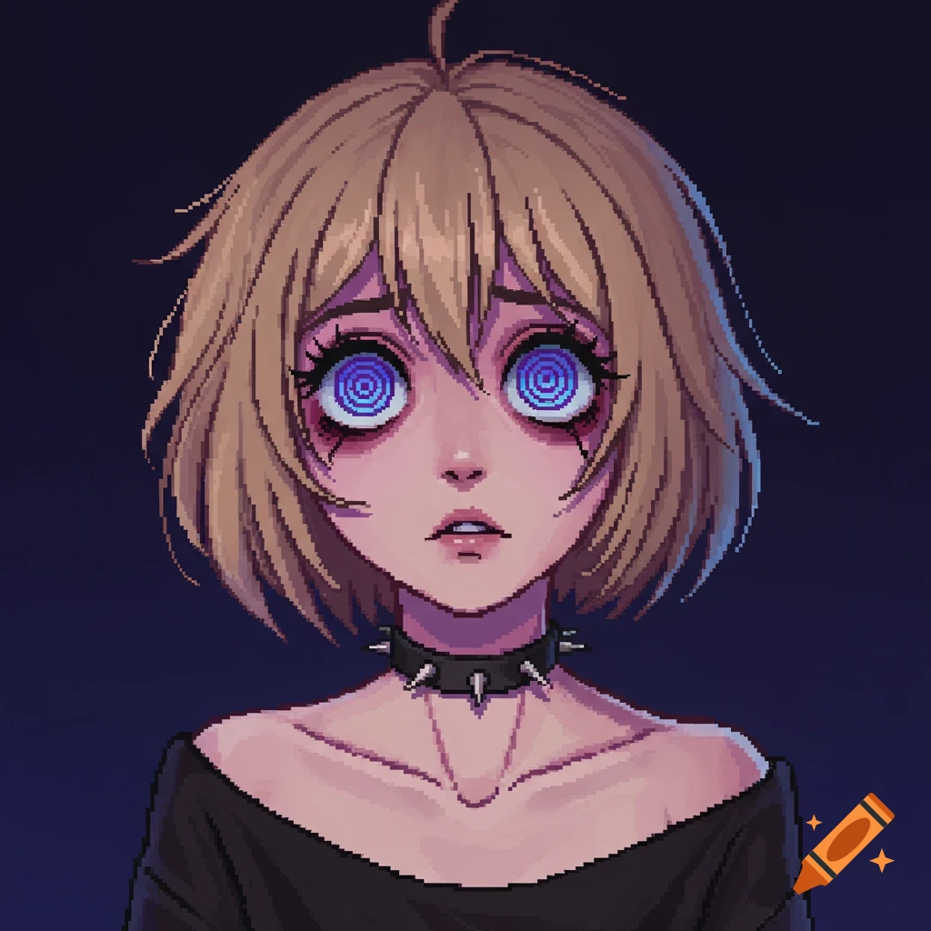 A pixel art portrait of an anime girl with short blonde hair, large blue spiral eyes, purple eyebags, and a spiked collar.