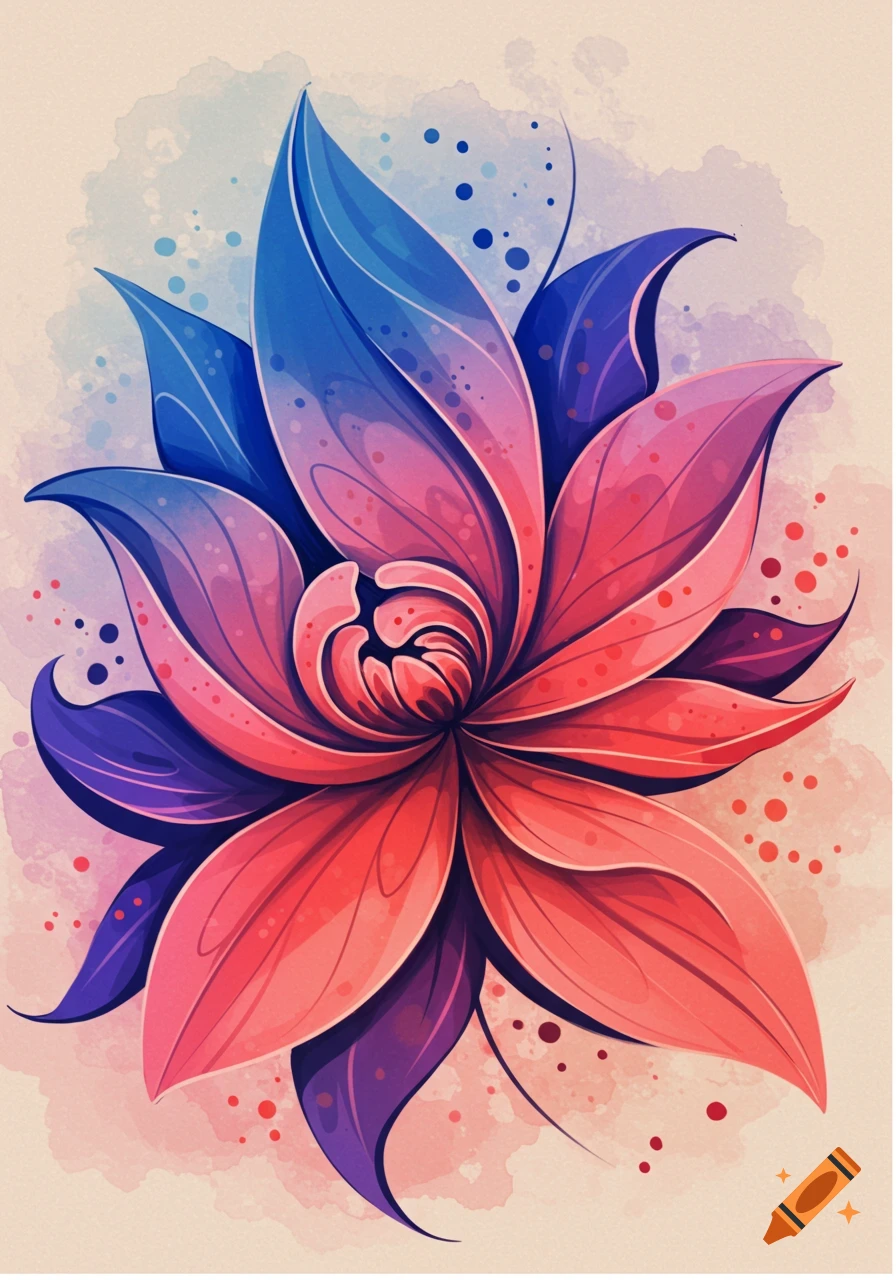 Abstract flower with pink, purple, and blue petals in a watercolor style.