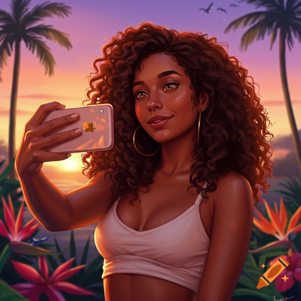 A vibrant digital art portrait of a woman with curly hair taking a selfie with her phone against a tropical sunset background with palm trees.